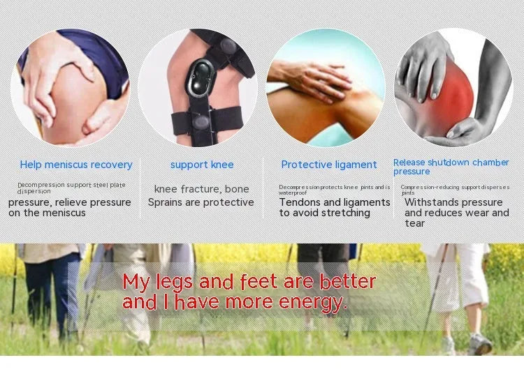 Black anterior ligament knee pad with metal hinge brace, showing left and right leg sizes.