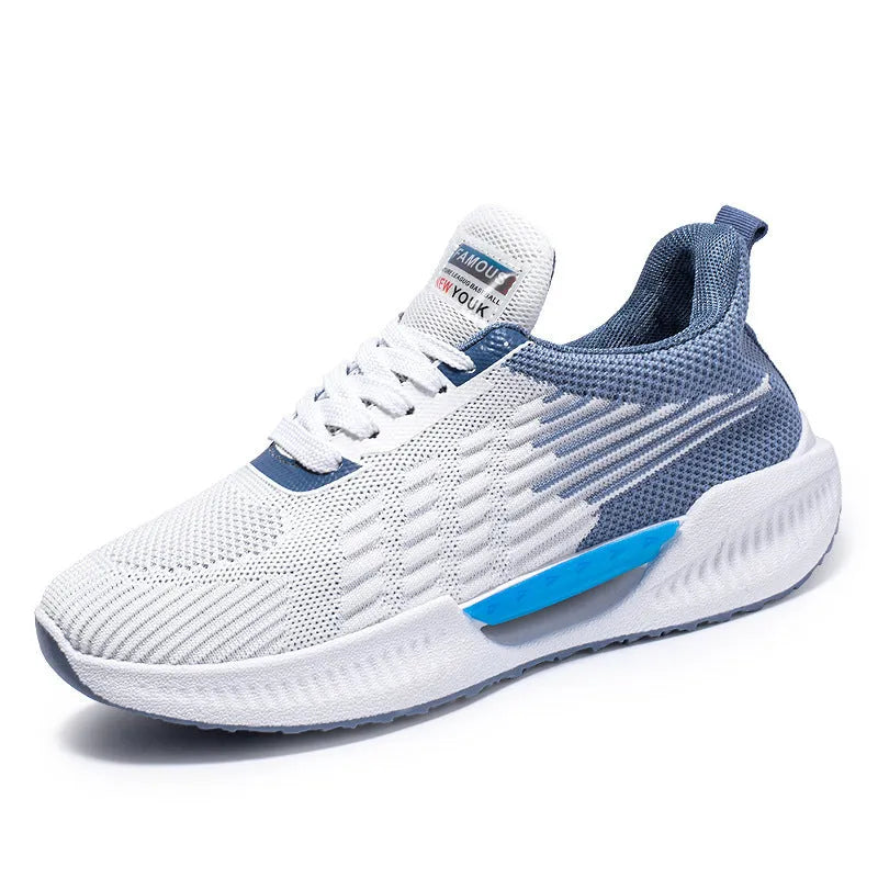 Men's blue breathable mesh casual shoes with round toe and plastic sole on a white background.