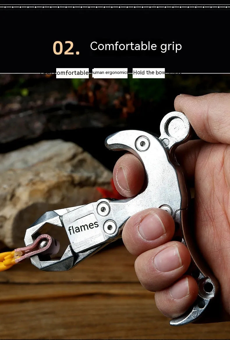 Alloy archery release aid with two-axis harpoon clip mechanism shown in detail