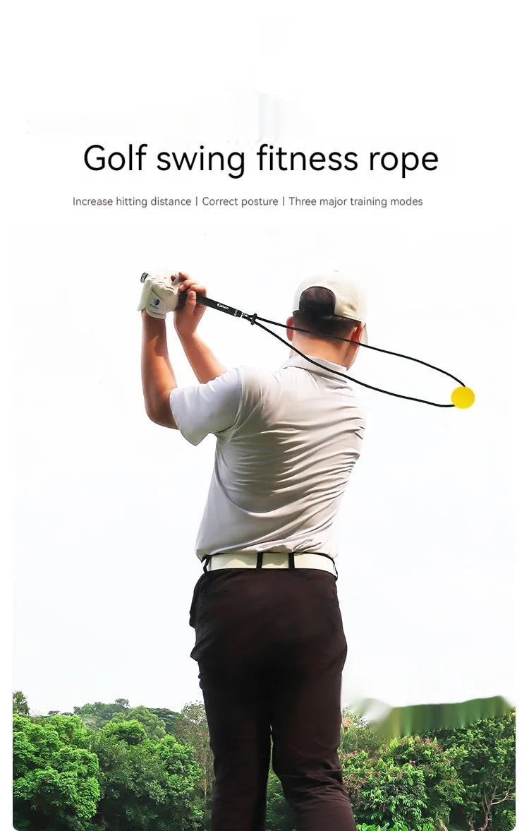 Black silicone elastic golf swing correction rope trainer for action practice.