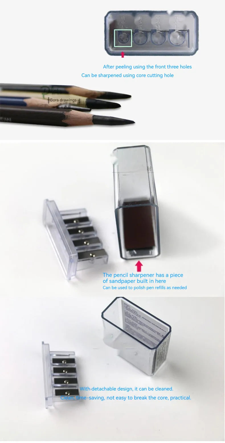 Geometric-shaped four-hole plastic pencil sharpener with screwdriver, from a bulk pack of 288.