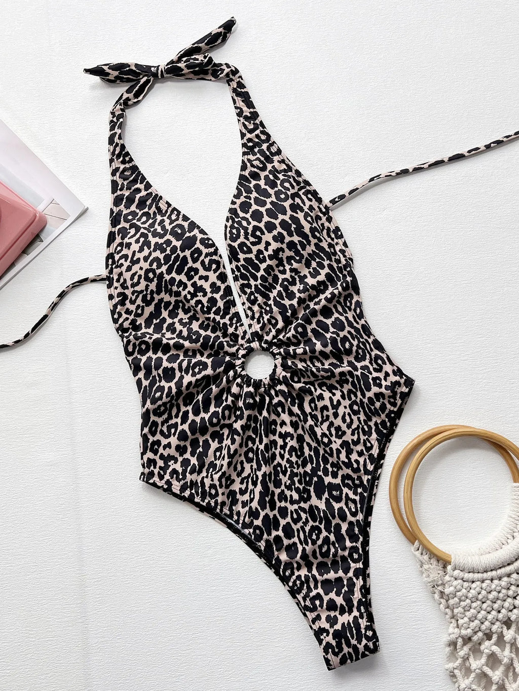 Women's leopard print one-piece swimsuit with hollow-out ring bikini style detail
