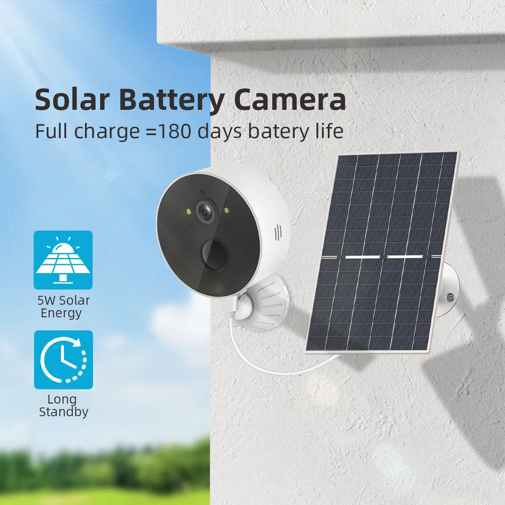 Outdoor solar security camera with 1080P HD resolution and attached solar panel for wireless monitoring