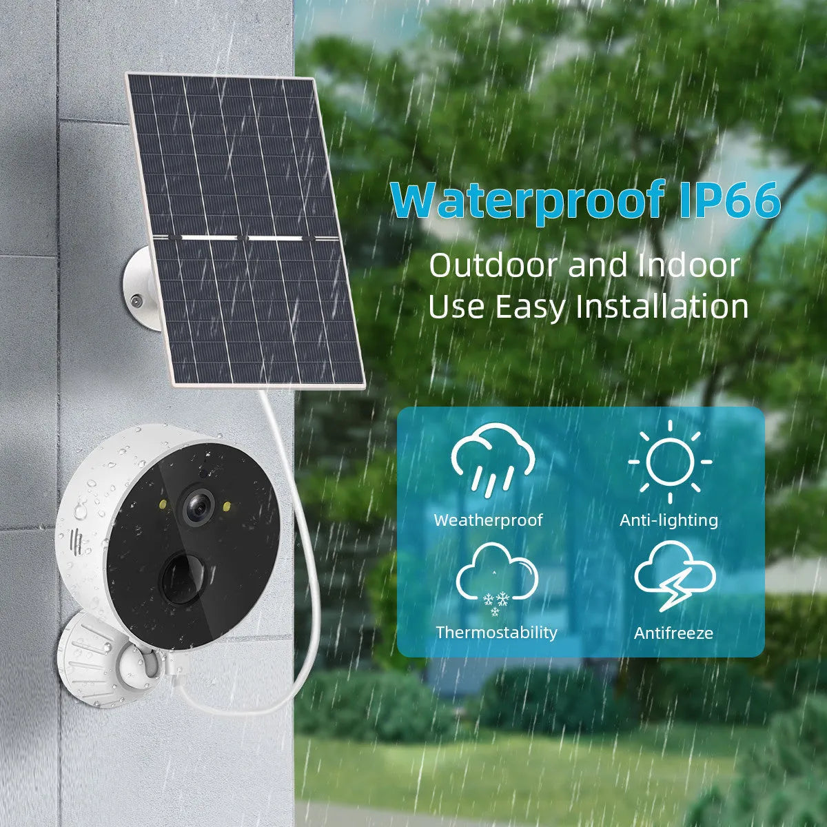 Outdoor solar security camera with 1080P HD resolution and attached solar panel for wireless monitoring