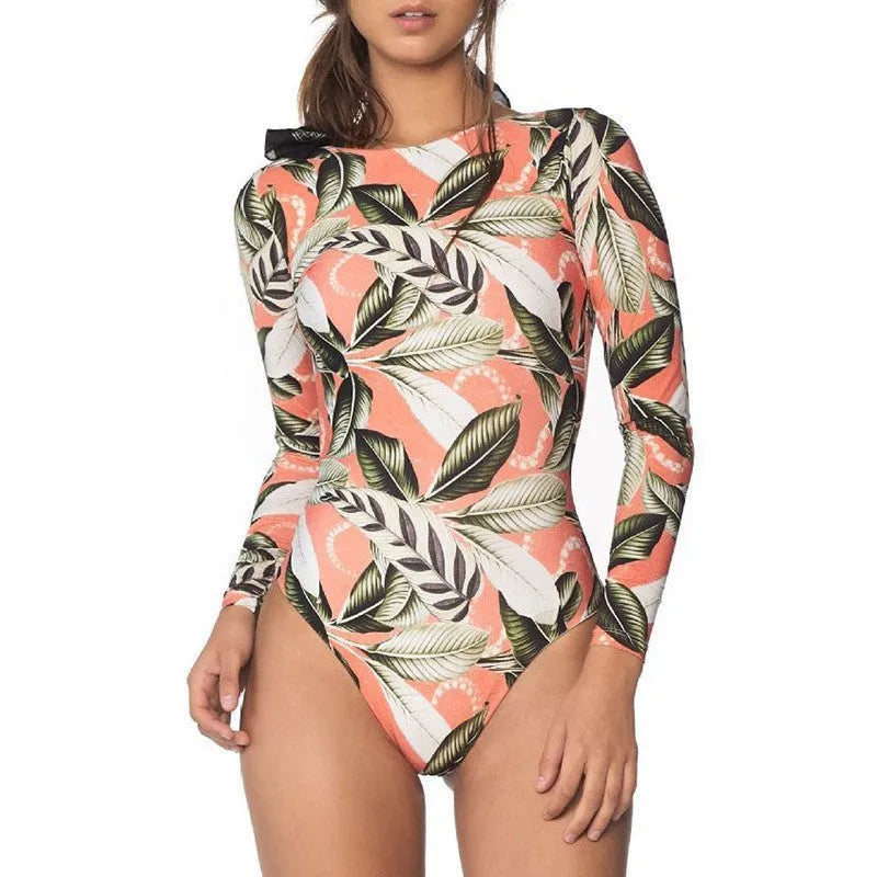 Women's leaf printed backless one-piece swimsuit in polyester for swimming