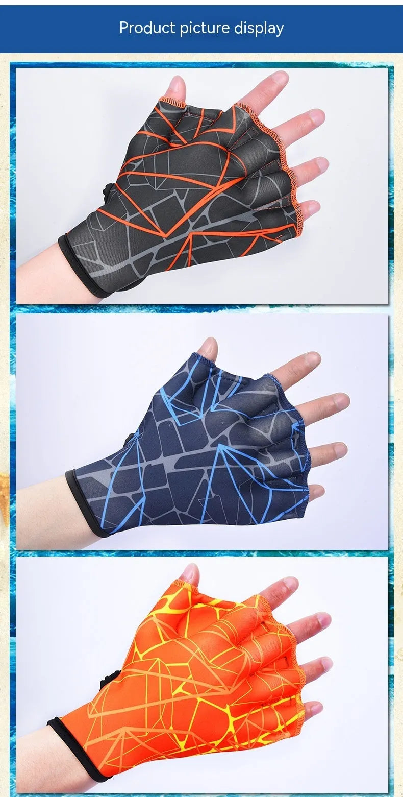 Duck feet webbed swimming gloves in various colour prints with nylon construction