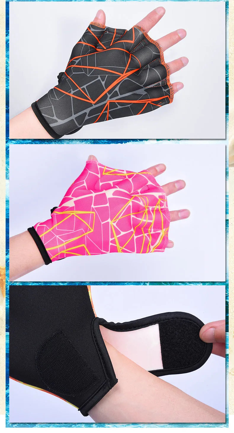 Duck feet webbed swimming gloves in various colour prints with nylon construction