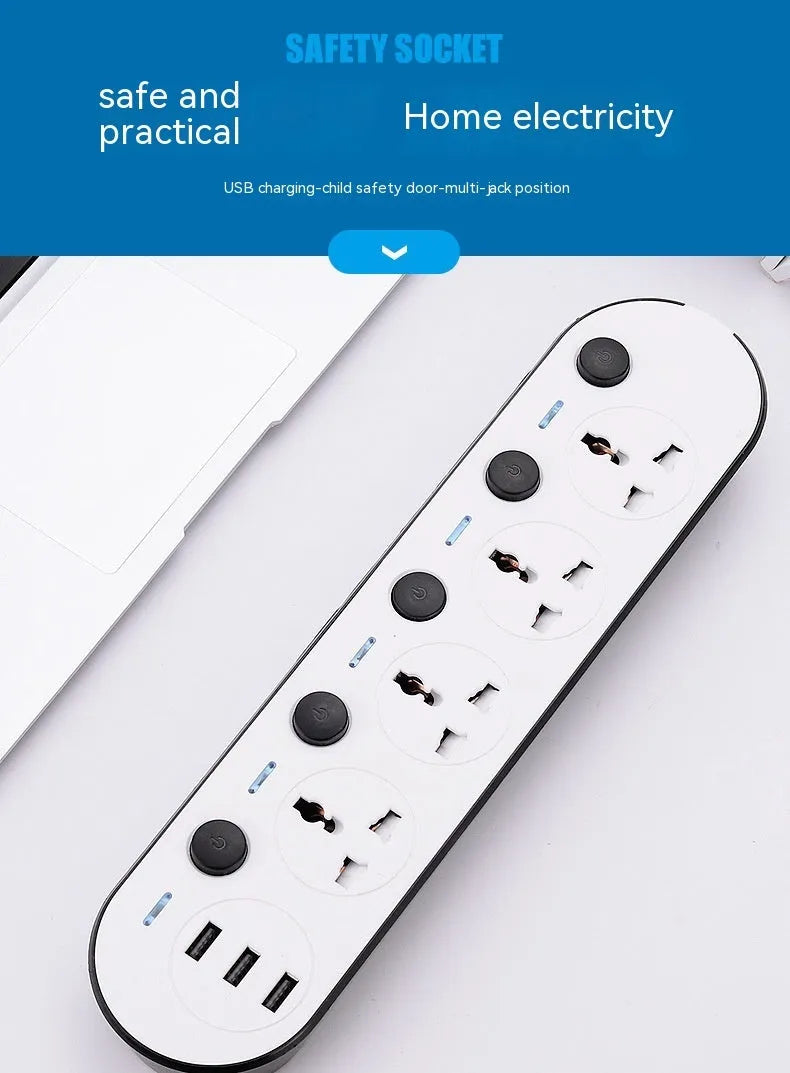 International power strip with four USB ports, switch controls, and choice of cable length