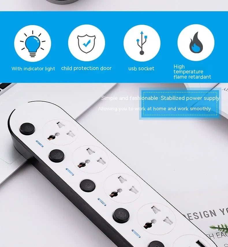 International power strip with four USB ports, switch controls, and choice of cable length