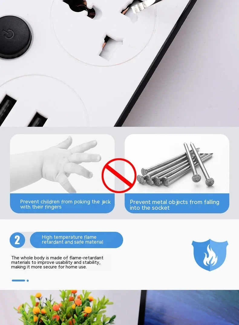 International power strip with four USB ports, switch controls, and choice of cable length