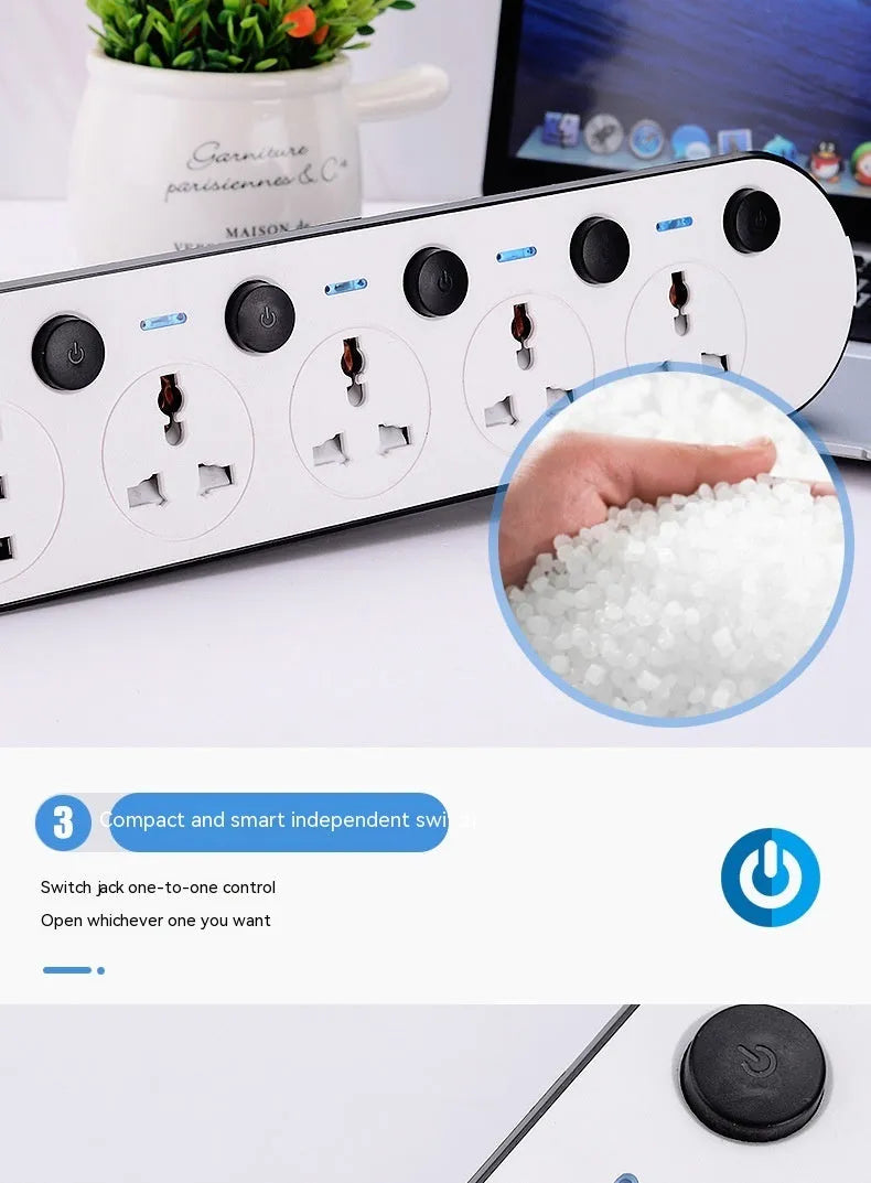 International power strip with four USB ports, switch controls, and choice of cable length