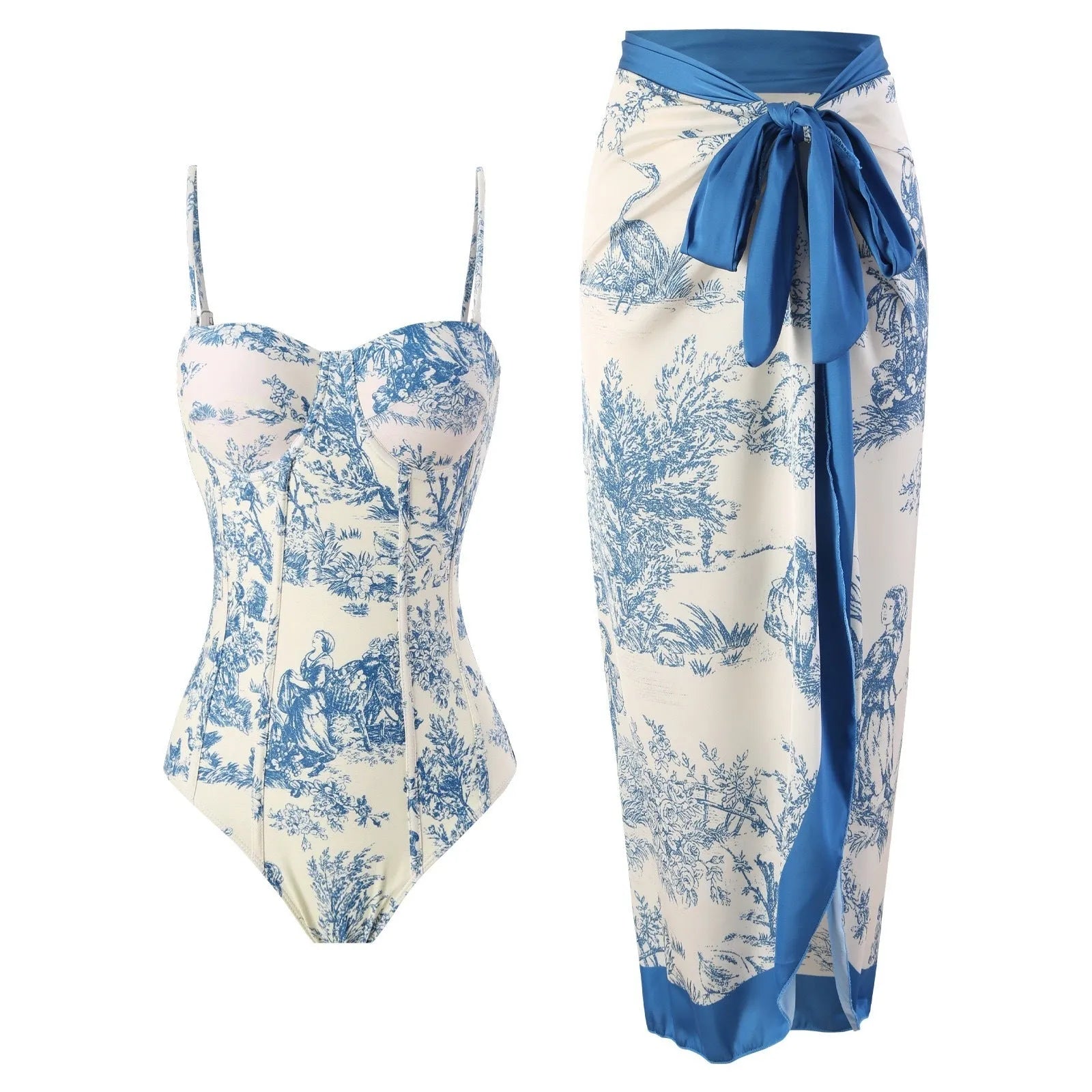 Women's blue patterned one-piece swimsuit with matching gauze skirt, polyester fabric, multiple size options