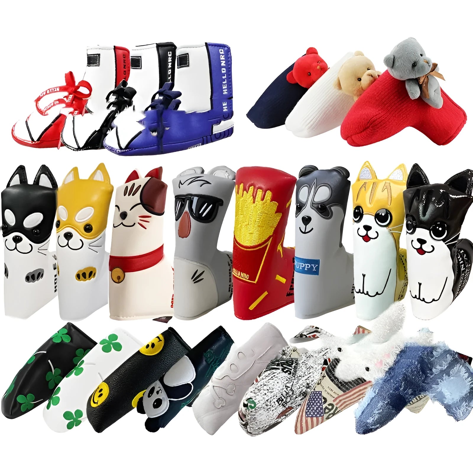 Golf putter headcover sleeve in a novelty design, showing PU fabric and fleece lining.