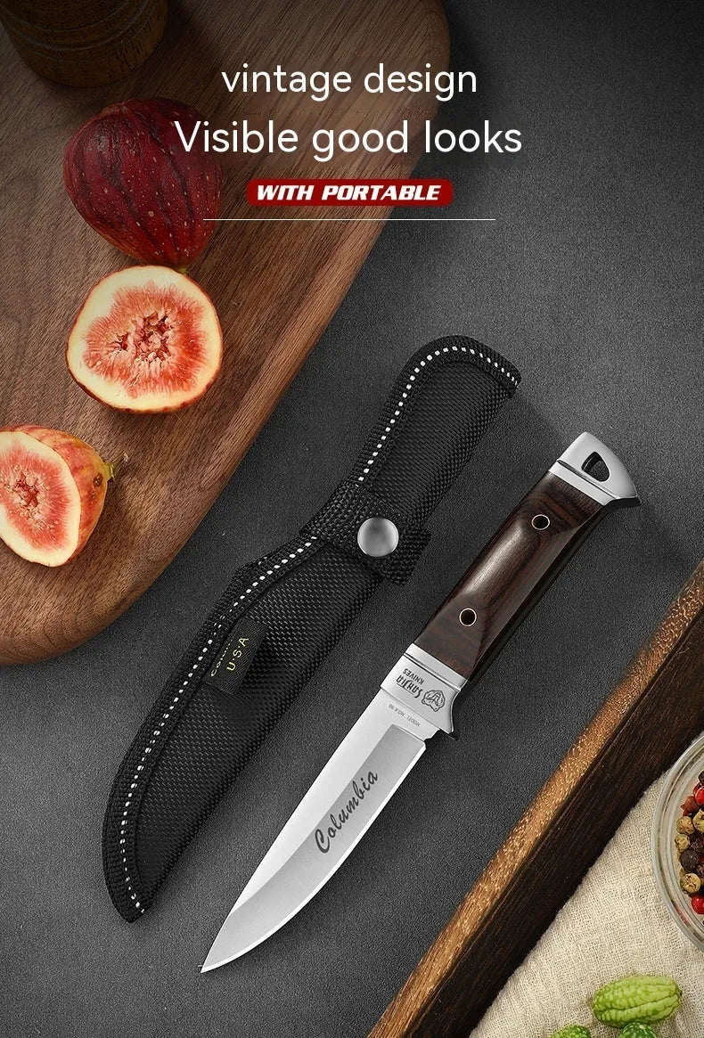 Camping multifunctional fruit knife with stainless steel blade and brown leather sheath.