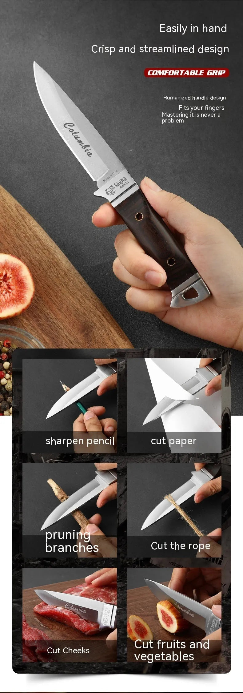 Camping multifunctional fruit knife with stainless steel blade and brown leather sheath.