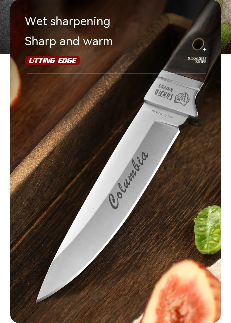 Camping multifunctional fruit knife with stainless steel blade and brown leather sheath.