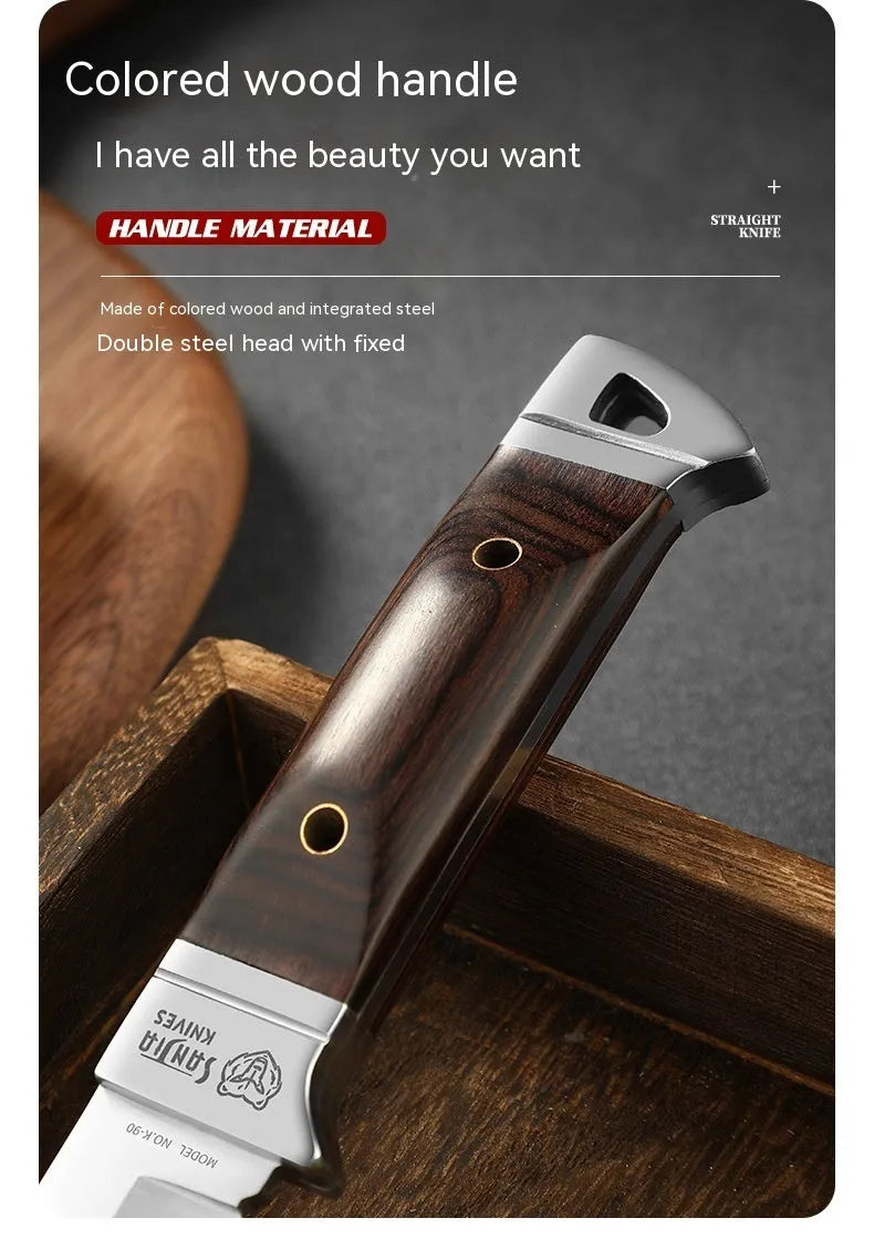 Camping multifunctional fruit knife with stainless steel blade and brown leather sheath.