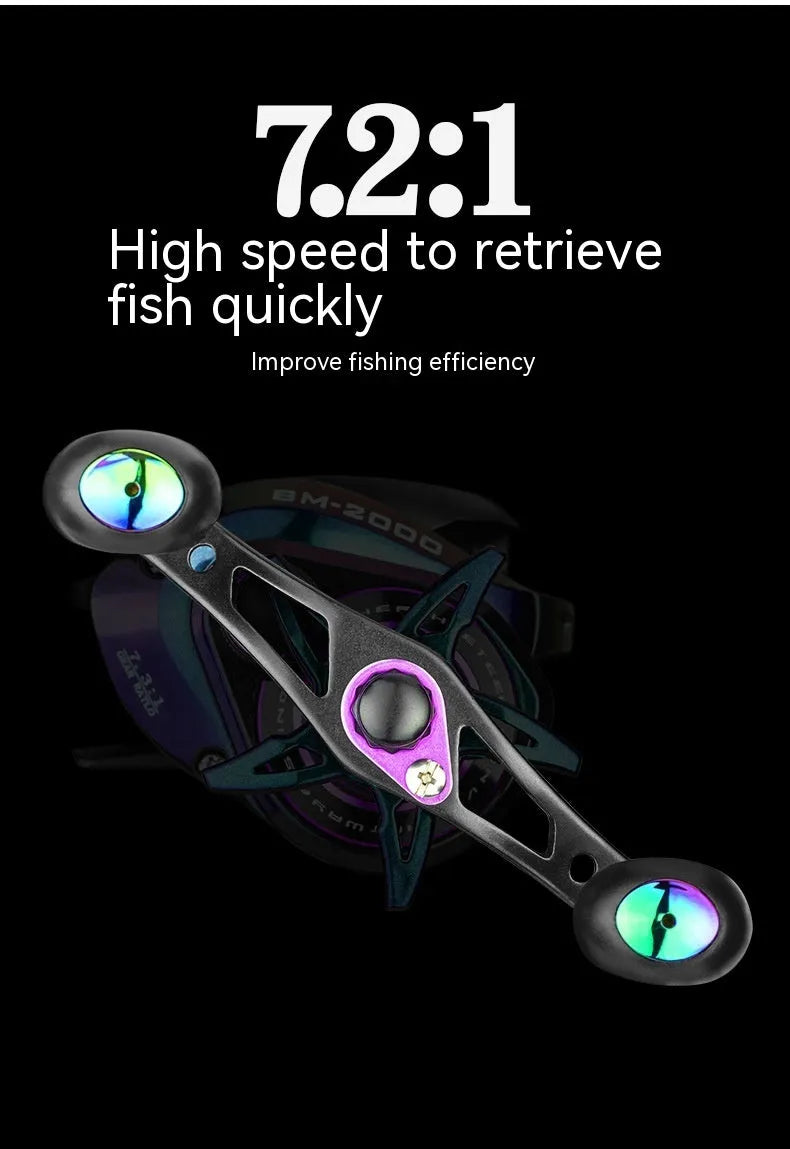 BM2000 fishing reel with colourful finish and water drop shape, showing left-hand and right-hand model options.