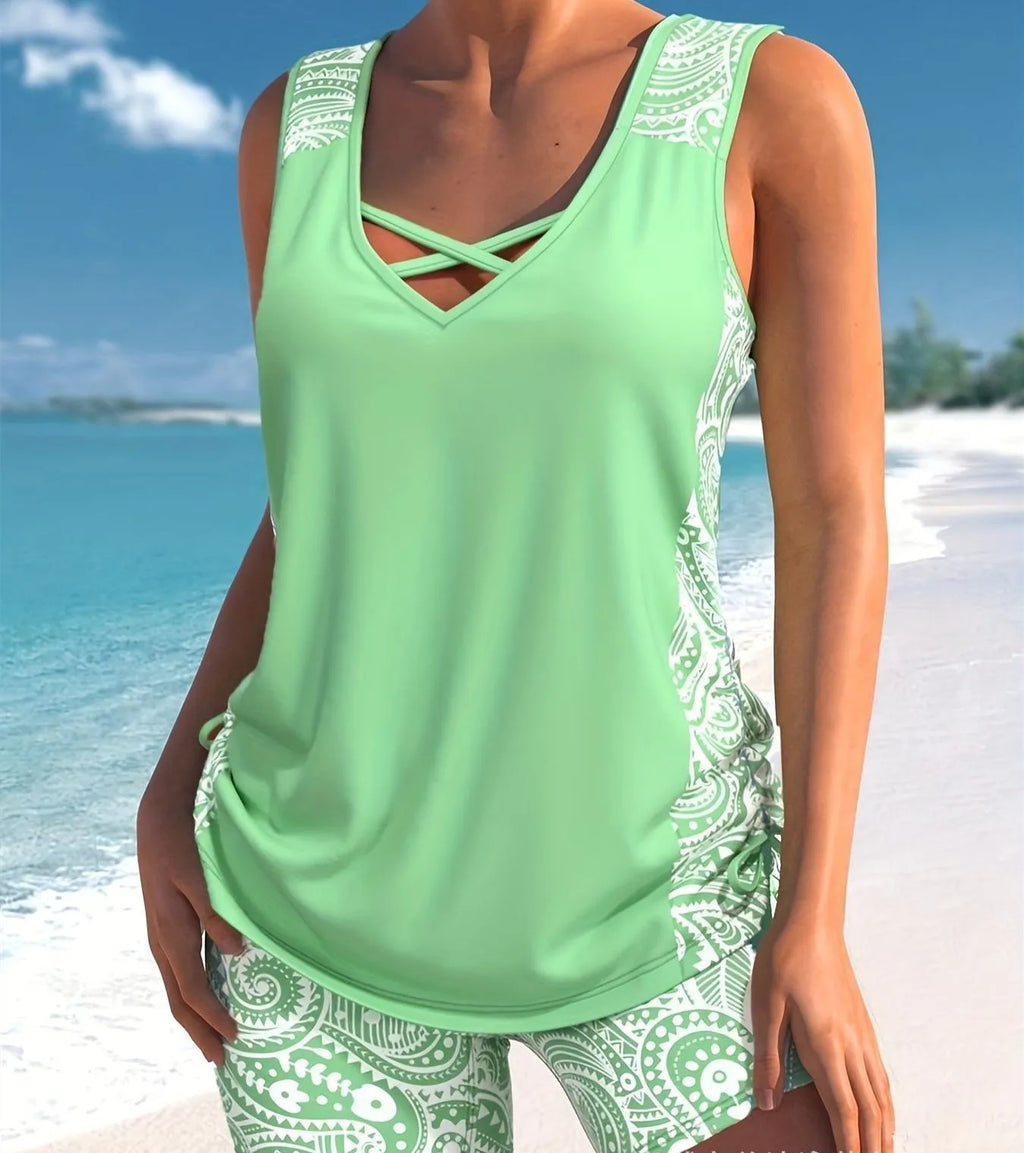 Women's printed split boxer swimsuit set with top and shorts in polyester fabric