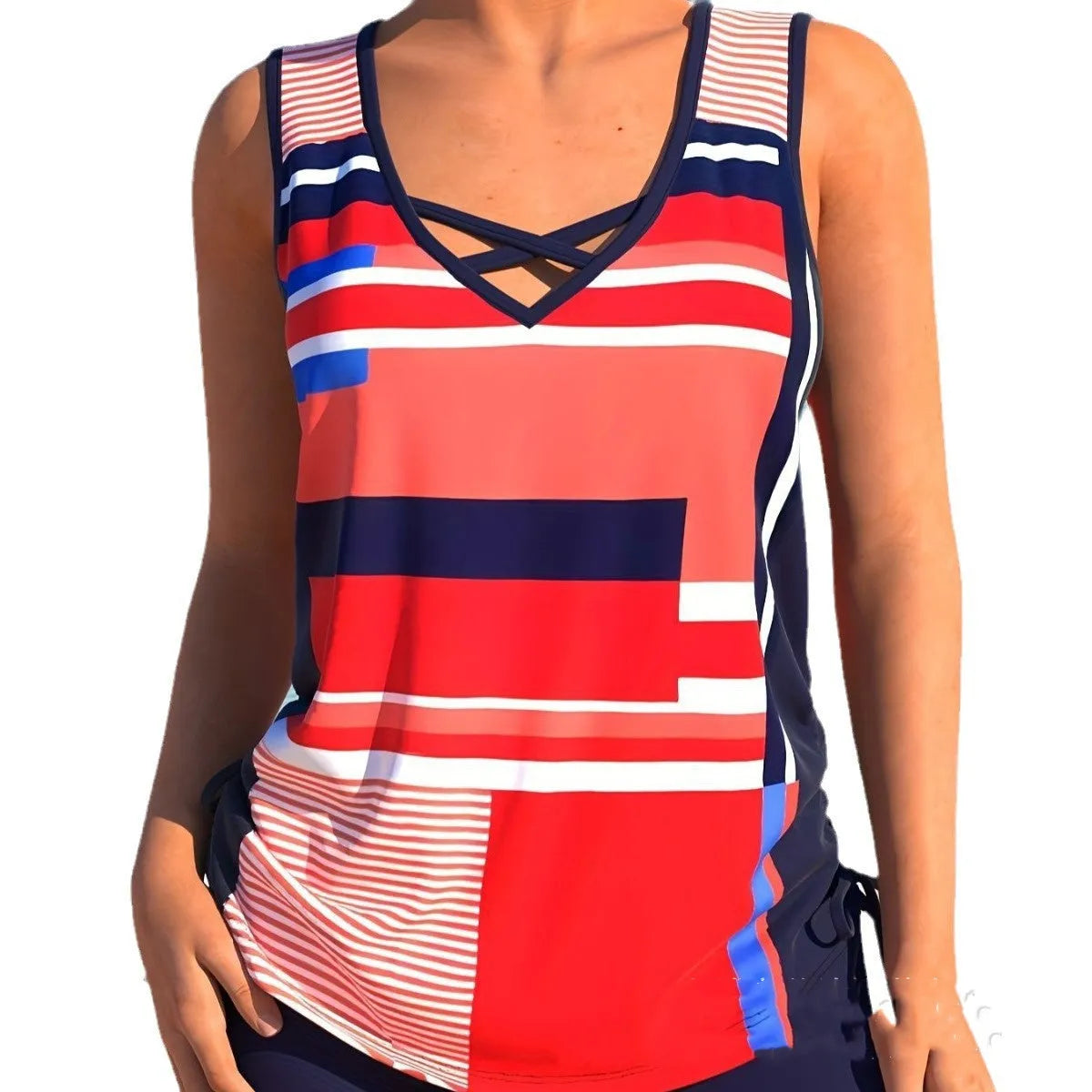 Women's printed split boxer swimsuit set with top and shorts in polyester fabric