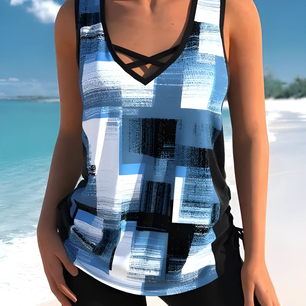 Women's printed split boxer swimsuit set with top and shorts in polyester fabric