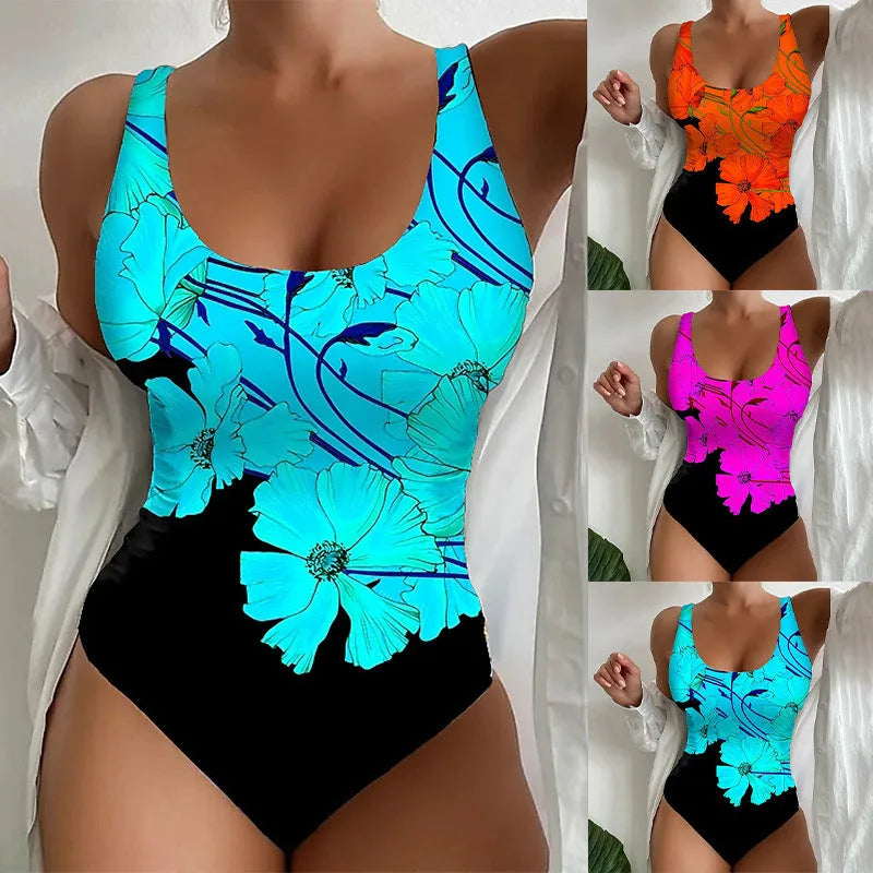 Women's 3D printed one-piece swimsuit in Lycra fabric showing orange red, sky blue, and purple colour options
