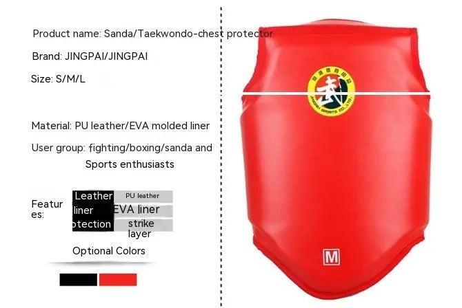 One-piece boxing chest protector in red, blue, or black, made from PU leather.