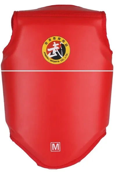 One-piece boxing chest protector in red, blue, or black, made from PU leather.