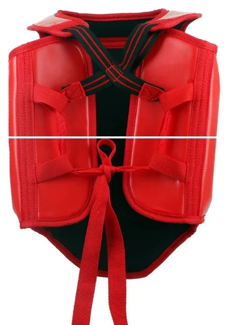 One-piece boxing chest protector in red, blue, or black, made from PU leather.