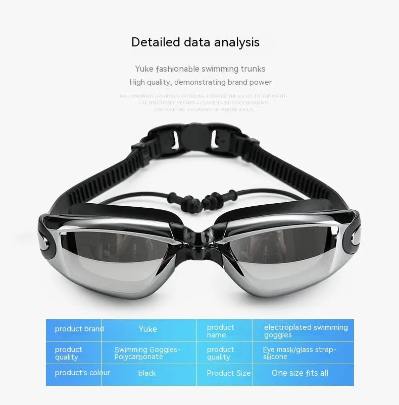 Men's black swimming set with trunks, anti-fog goggles, waterproof cap, ear plugs with nose clip, and storage bag