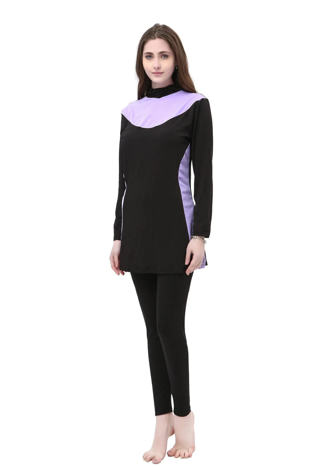 Conservative women's swimsuit with long sleeves and hood in black with coloured accents