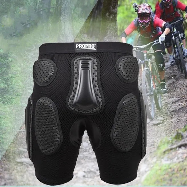 Black cycling hip protection pants with integrated pads for sports safety.