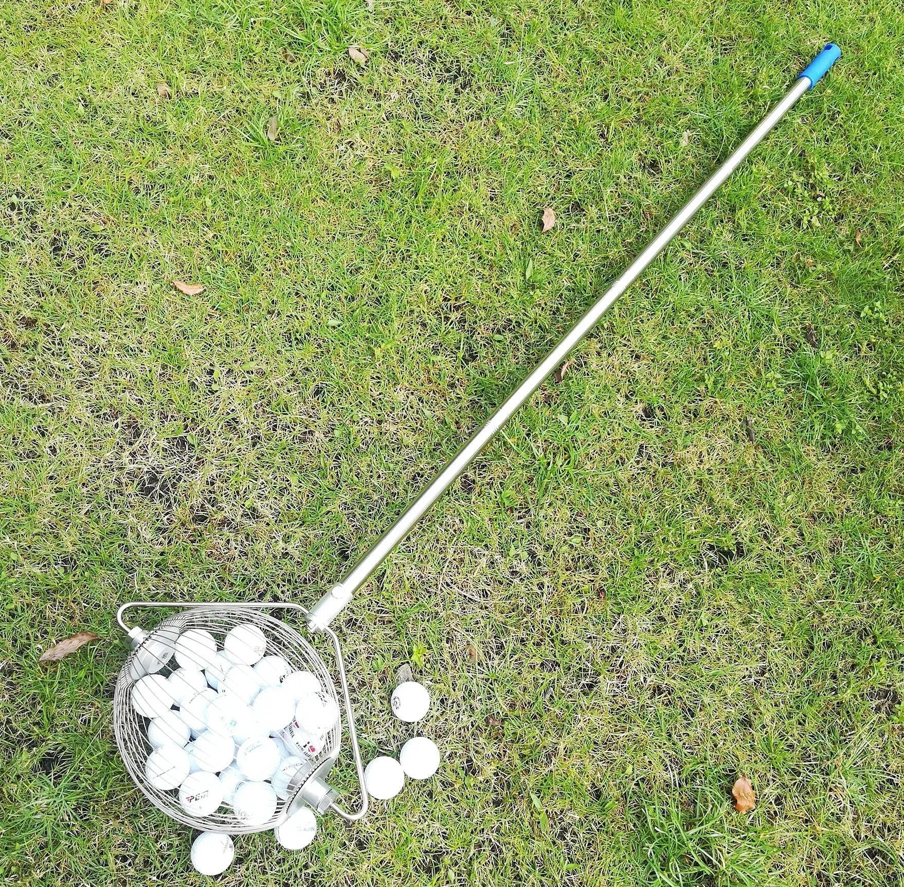 Metallic stainless steel golf ball picker for retrieving golf balls without bending