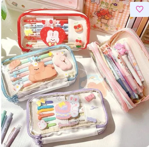 Japanese transparent heart pen bag with Korean style design in pink cake rabbit pattern