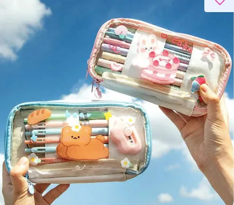 Japanese transparent heart pen bag with Korean style design in pink cake rabbit pattern