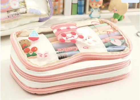 Japanese transparent heart pen bag with Korean style design in pink cake rabbit pattern