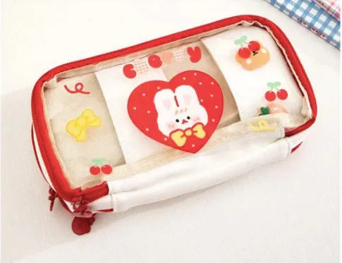 Japanese transparent heart pen bag with Korean style design in pink cake rabbit pattern