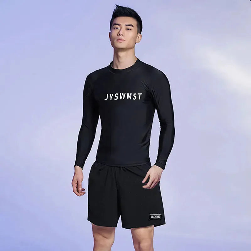 Men's polyester swimsuit set with pattern design in sizes M to 4XL