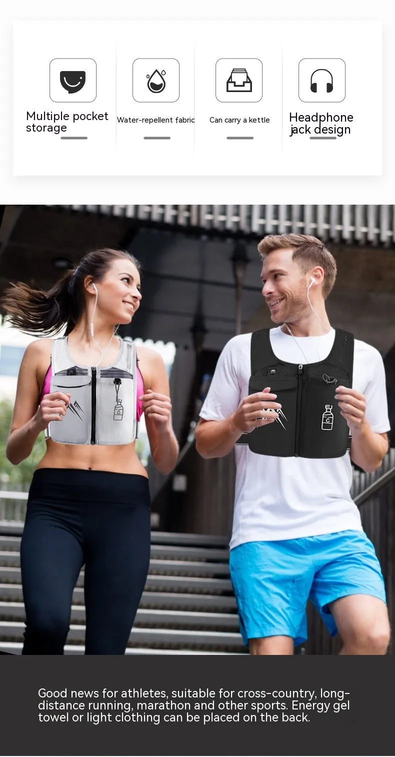 Breathable mesh sports running vest with phone pocket shown in classic black colour