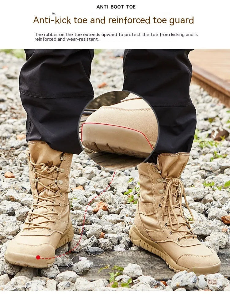 Summer Yulong Combat Boots in black and sand colour, tactical desert climbing footwear for men and women.