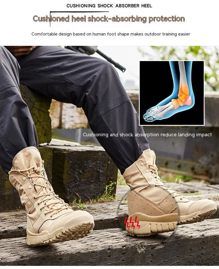 Summer Yulong Combat Boots in black and sand colour, tactical desert climbing footwear for men and women.