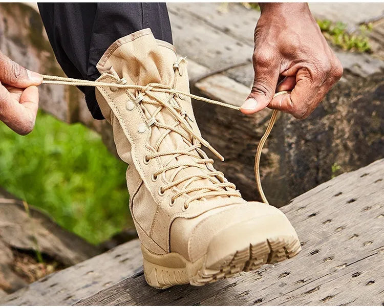 Summer Yulong Combat Boots in black and sand colour, tactical desert climbing footwear for men and women.