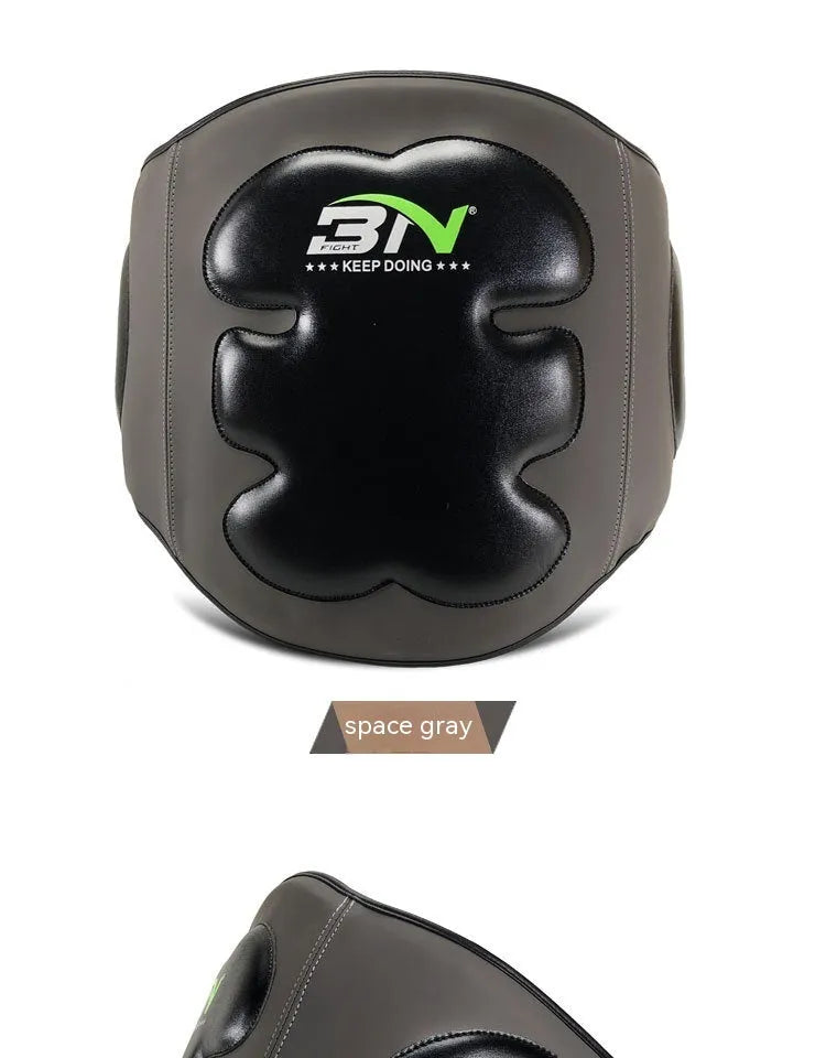 Thickened dark grey Sanda boxing waist protector shown from the front.