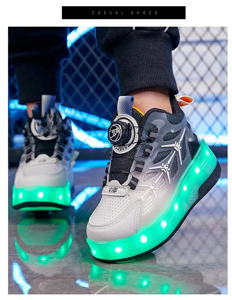 Blue children's roller skating shoes showing flash knob adjustment system and PVC sole