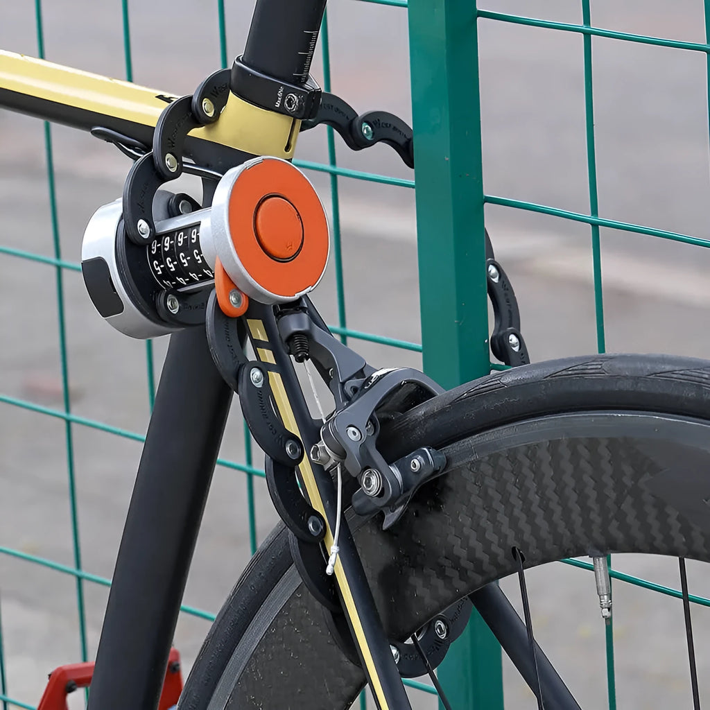 Folding bicycle lock in black orange colour showing collapsed and extended positions