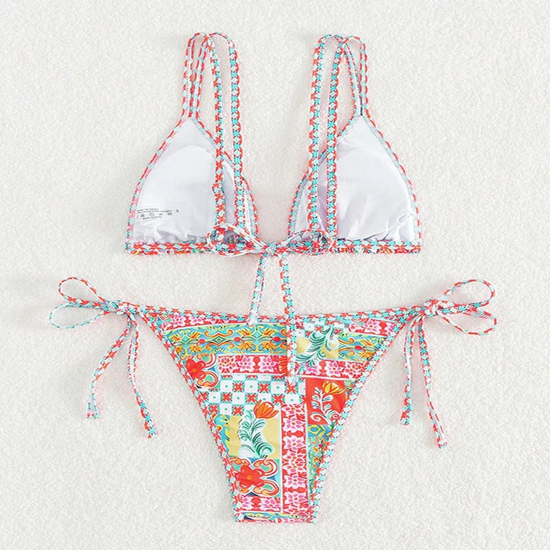 Women's lace-up backless swimsuit with adjustable ties and high-waisted bikini bottoms