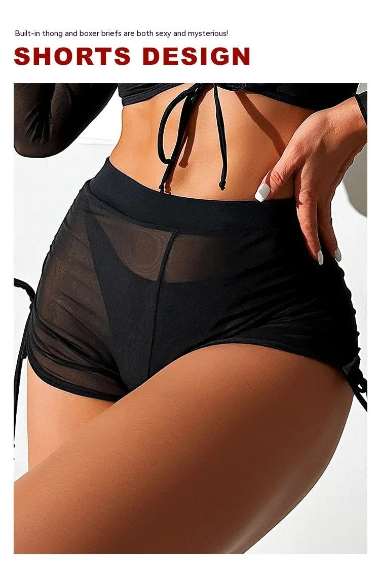 Black mesh bikini four-piece swimsuit set for women with long sleeves