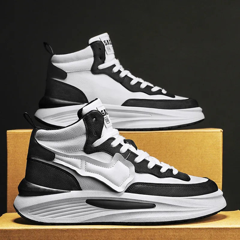 Men's black and white high-top board shoes with round toe and platform design