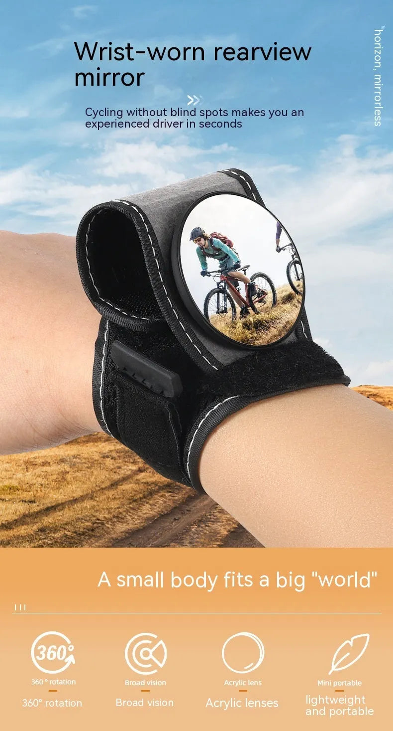 Black nylon bicycle rear-view mirror for wrist mounting during cycling