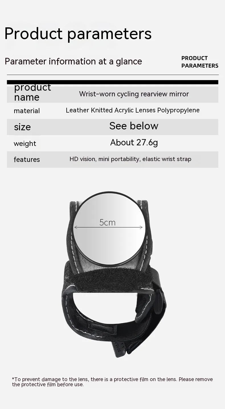 Black nylon bicycle rear-view mirror for wrist mounting during cycling